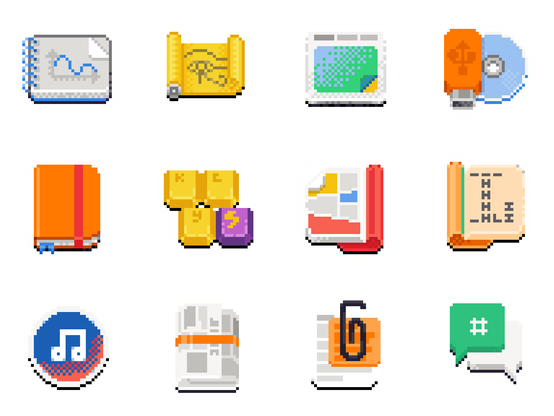 GNOME Circle app icons in pixelart parallel universe. Graphs,Hieroglyphic, Identity (reworked), Impression, Iotas, Keypunch, Komikku, Letterpress, Mousai, Newsflash, Paper Clip and Polari.

