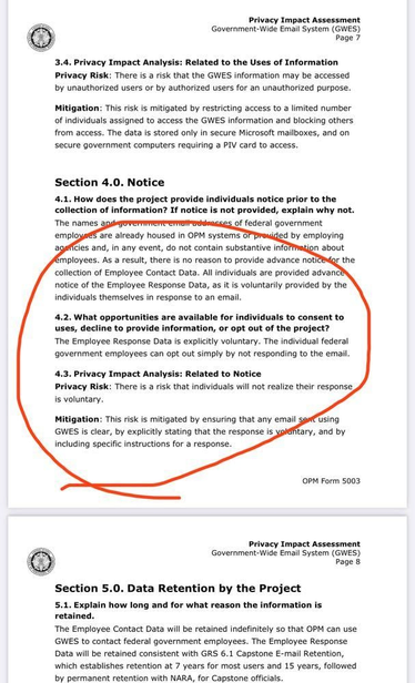 Screen shot of the Privacy Impact Assessment for the Government Wide Email System (GWES) page 7-8.