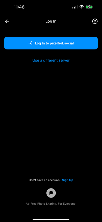 Pixelfed mobile app login screen