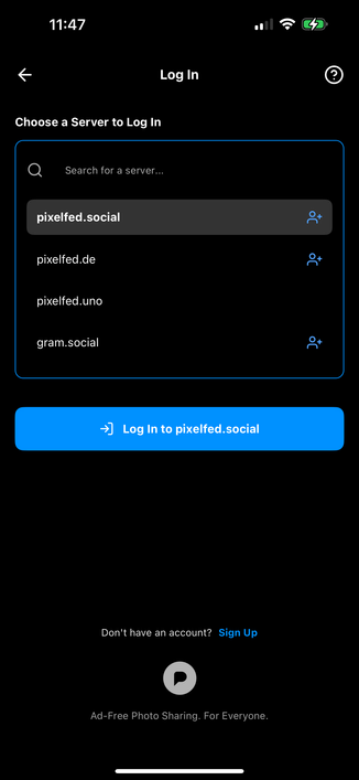 Pixelfed mobile app login screen server picker