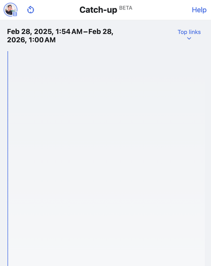 Phanpy's catch-up UI showing posts from February 28, 2025, 1:54 AM to February 28, 2026, 1:00 AM.

The posts visualization shows on very tall bar of squares.