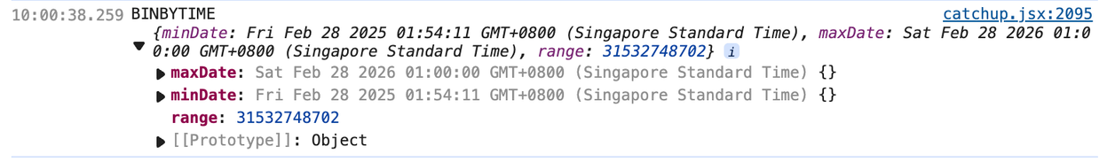Code snippet from browser's devtools console, displaying date and time information with properties like `minDate`, `maxDate`, and `range`, in the context of Singapore Standard Time.

minDate shows Feb 28 2025, maxDate shows Feb 28 2026.