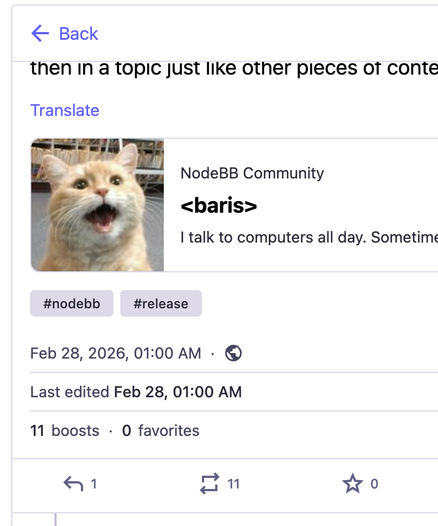 A post featuring a surprised-looking cat, with text mentioning "NodeBB Community" and hashtags "#nodebb" and "#release."

The post is posted on Feb 28 2026.