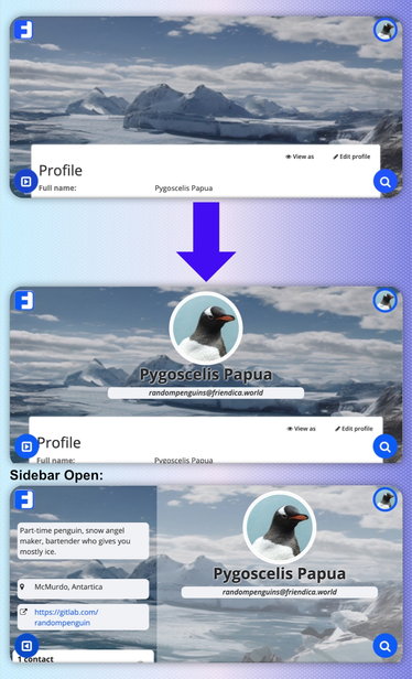 Phone in landscape showing profile views before and with version 1.5 with and without sidebar open.