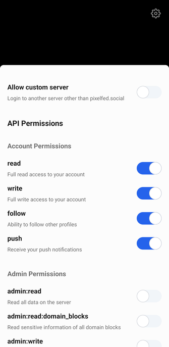 Pixelfed settings screen just off the welcome screen with API permissions toggles and a toggle for allowing custom servers.