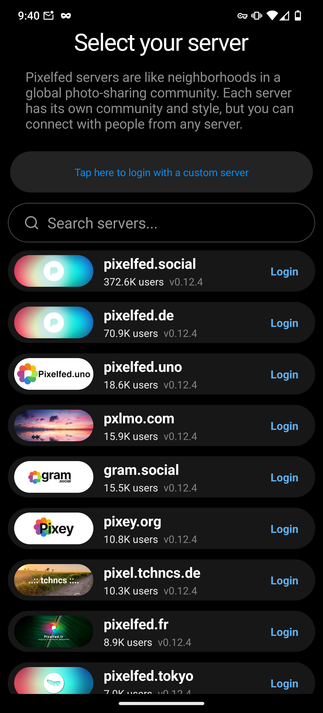 The select "other" custom server screen. There is a button titled "Tap here to login with a custom server" followed by a search able list of servers with their banners next to them.