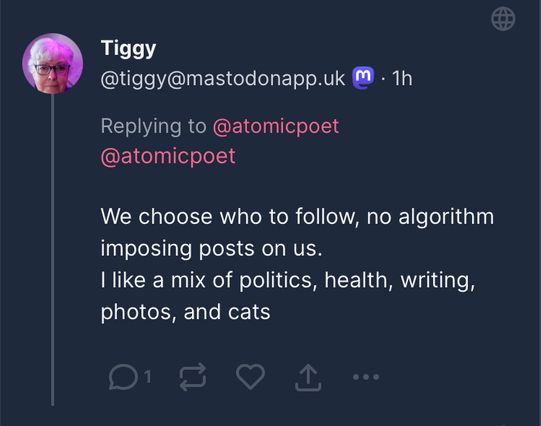 We choose who to follow, no algorithm imposing posts on us.
I like a mix of politics, health, writing, photos, and cats