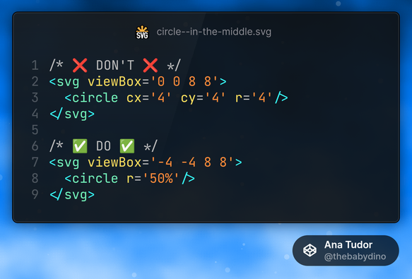 /* ❌ DON'T ❌ */
<svg viewBox='0 0 8 8'>
  <circle cx='4' cy='4' r='4'/>
</svg>

/* ✅ DO ✅ */
<svg viewBox='-4 -4 8 8'>
  <circle r='50%'/>
</svg>