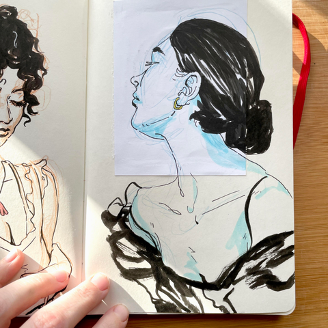 Portrait study in ink with big brushpen strokes for hair and dress