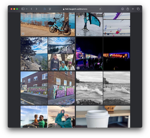 A screenshot of a web browser viewing a photo gallery in two columns. Each individual post has its photos grouped together in a flexible grid layout. While it is not a truly masonry layout, it does not have the regular tiling of fixed grids.

For alt text of the images in the pictured gallery, simply visit the gallery at https://fedi.haugenh.us/@kamera
