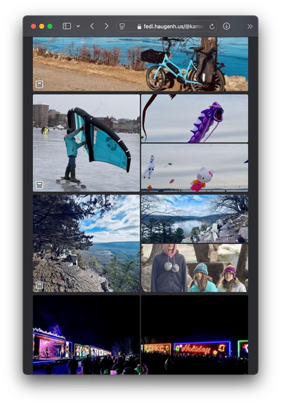 The same gallery as in the other image, but with the browser window width narrowed to show the responsive layout. In this view there is one column with the post/photo grouping remaining unchanged.