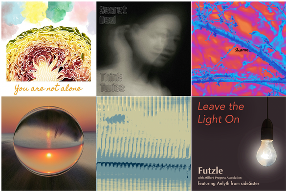 Six square pieces of artwork for the tracks on Comfy Collaborations: organic squiggles over a half cabbage; a greyscale face doubled and blurred; a false colour bird on a tree branch; a sunset refracted through a glass sphere; a glitch landscape; a light bulb dangling from a cord.