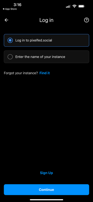New Pixelfed app login screen