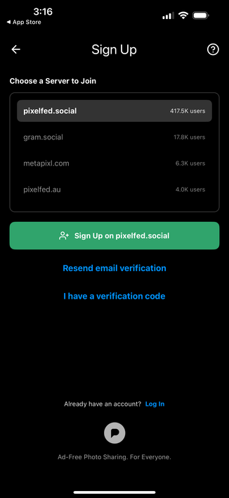 New Pixelfed app sign-up screen