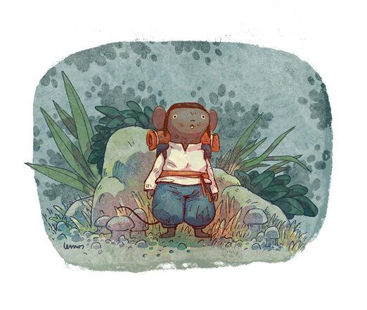 Illustration of a little mouse explorer in the forest
