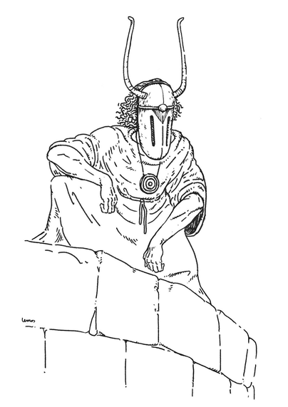 Drawing of a masked person wearing robe, watching from the top of a wall