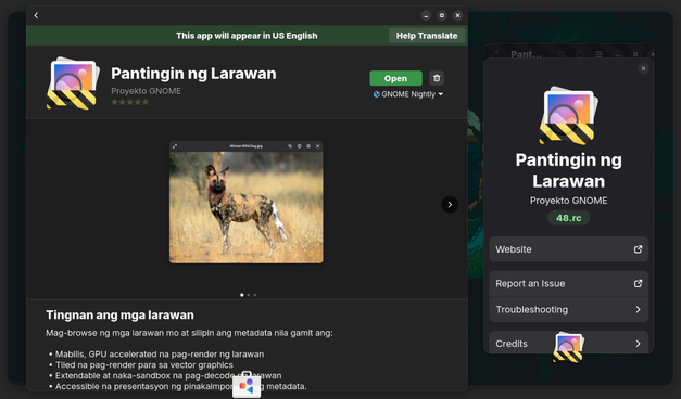 Screenshot of GNOME Software showing "Loupe", translated in Filipino