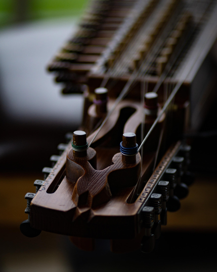 A closeup of the head stock of a nyckelharpa. You can see the four big friction pegs that hold the melody strings and mechanics on the left and right side of the head, holding the twelve sympathetic strings. The headstock design is elegant and light and there is some decorations burnt into the wood.