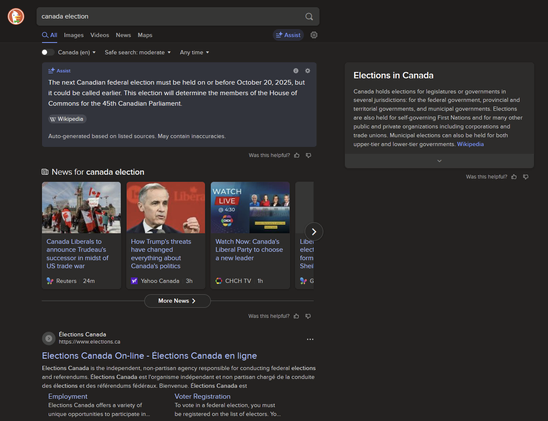 Screenshot of DuckDuckGo search results for "Canada Election". The top entry has an AI summary with "May contain inaccuracies" disclaimer underneath it.