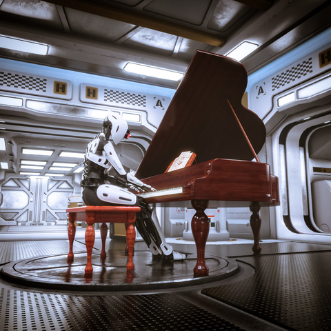 Description by ChatGPT: The image is a sci-fi 3D render depicting a humanoid robot seated at a grand piano in a futuristic space station or spaceship interior. The robot is sleek and streamlined, predominantly white with black joints and mechanical components. A red light glows in the center front of its head, resembling an optical sensor. It has an elegant posture, its fingers poised over the piano keys as if about to play.

The grand piano is a classic wooden design with a rich, polished finish, contrasting with the high-tech metallic surroundings. A sheet of music is open on the piano's stand, suggesting that the robot is engaging in a deeply human artistic expression—playing music. The stool it sits on matches the piano, featuring four ornate wooden legs.

The setting is a futuristic corridor or lounge within a spacecraft or space station, with metallic walls adorned with labels and markings, including "H" and "A" signs. The ceiling has illuminated panels casting a soft, even light. Doors with reinforced panels and small circular windows are in the background, adding to the high-tech atmosphere. The floor is made of perforated metal panels, and the entire environment exudes a clean, industrial aesthetic. The image evokes a sense of harmony between technology and human culture, blending the mechanical with the artistic.