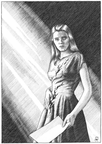Anglais :
Portrait of a woman with long, smooth hair, framed from head to knees. She is wearing a long, short-sleeved dress with a blood splatter. Her right hand rests on her pelvis and her left hand holds a sheet of white paper. Her face is inexpressive, turned to her left, out of frame. There are no backgrounds, but the background is filled with a ray of light crossing the image diagonally from the top left corner, illuminating the figure.

Français :
Portrait d'une femme au cheveux long et lisse, cadré de la tête jusqu'aux genoux. Elle porte une longue robe à manches courtes comportant une éclaboussure de sang. Sa main droite est posée sur son bassin et sa main gauche tien une feuille de papier blanc. Son visage est inexpressif et tourné vers sa gauche, hors du cadre. Il n'y a pas de décors, mais le fond de l'image est rempli d'un rayon de lumière traversant l'image en diagonale depuis le coin supérieur gauche et éclairant le personnage.