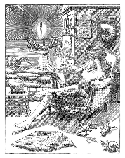 English :
Work entitled ‘Melancolie terrienne’. A reinterpretation of ‘Melancolia I’ by Albrecht Dürer. A woman symbolising the earth is sitting on an upholstered armchair, her legs crossed as she reads a book on the history of the earth. Next to her is the moon in the form of a cat, as well as various elements recalling different periods in the evolution of life. In the background, a rocket is taking off, symbolising the pursuit of life outside the Earth.

Français :
Oeuvre intitulée "Mélancolie terrienne". Réinterprétation de 'Melancolia I" de Albrecht Dürer. Une femme symbolisant la terre est assise sur un fauteuil capitoné, jambes croisé e ntrain de lire un livre sur l'histoire de la terre. À côté d'elle figure la lune sous forme de chat, ainsi que divers éléments rappelant différentes époques de l'évolution de la vie. En arrière-plan, une fusée décolle, symbole de la poursuite de la vie hors de la terre.
