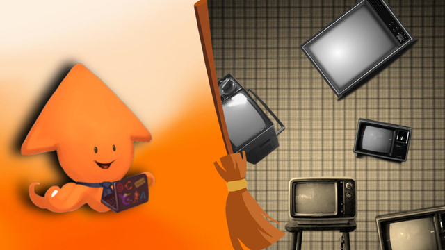 Logo de peertube avec un balai qui fait du ménage sur les vidéos réprésentées par des postes de télévision