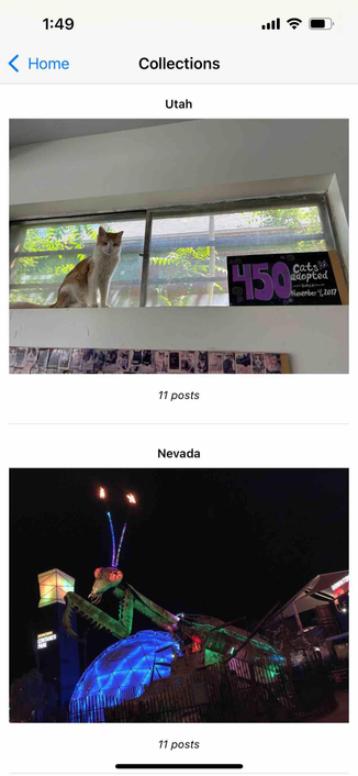 collections list showing two collections, one for utah showing a cat cafe and one for nevada showing a mechanical praying mantis 