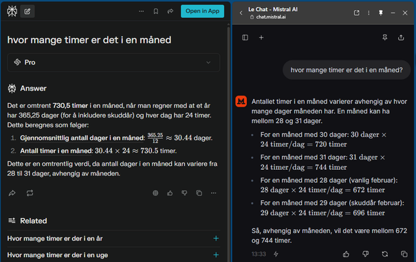 Sammenligning av svar på hvor mange timer det er i en måned.