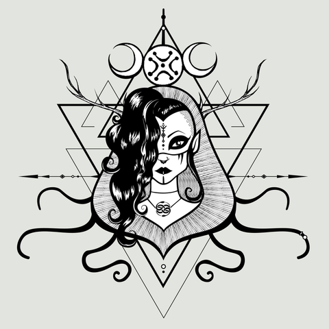 Parte de mi logotipo. Ilustración vectorial en blanco, negro y gris, en la que se ve un rostro de una mujer con pelo rizado, flequillo en punta, y rapado por un lado. Hay varios símbolos, así como formas geométricas triangulares. 