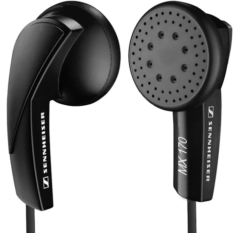 Photo of typical traditional style earphones, the kind you stick in your ear but they don't go all the way in and don't have any kind of tip.