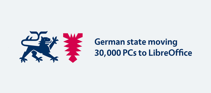 Banner of Schleswig-Holstein logo and "German state moving 30,000 PCs to LibreOffice"