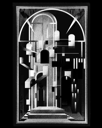 The image is black and white and features a geometric, architectural composition. A large rectangular frame surrounds the scene, like a doorway or window. Inside, there is a tall arch with a structured design, including circular and rectangular cutouts. Several thin frames hang in the center, layered in a way that creates depth. The floor is dark, with small lights leading towards the back, where a dome-like shape sits on top of a rectangular base. The overall feel is quiet and structured, with a balance of light and shadow giving it a somewhat atmospheric quality.