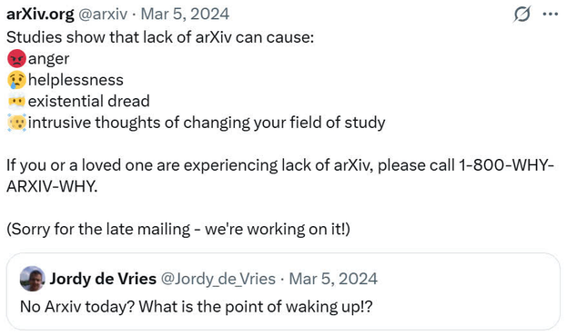 This is a picture of a tweet where someone posted "No arXiv today? what is the point of waking up!?"
