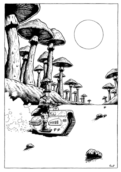 Un personnage habillé à la mode du 19ème siècle traverse une vallée désertique juché sur une étrange moto à chenille. La vallée est bordée de champignons géants qui semblent garder les lieux.  Il doit faire très chaud car l'homme a fiché une ombrelle sur son chapeau haut-de-forme. Figure Steampunk évoluant dans un paysage imaginaire.