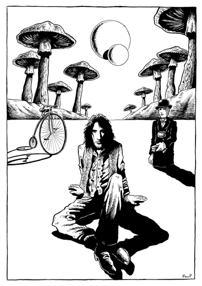 Syd Barrett, le fondateur du groupe Pink Floyd, est assis dans un paysage étrange peuplé de champignons géants. Derrière lui on peut voir un vélo ancien de style "grand bi" et un mannequin sans jambes, habillé comme un dandy anglais, avec autour du cou un appareil photo. Dans le ciel on aperçoit aussi deux lunes.