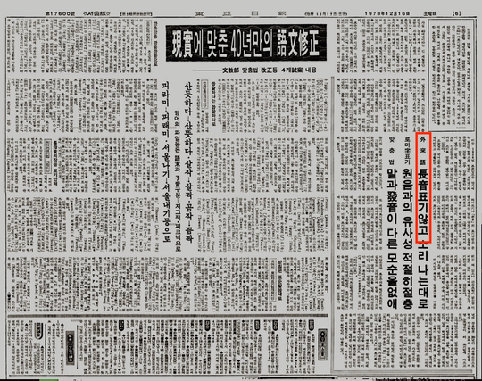 1978年 12月 16日字 東亞日報 新聞 紙面으로, 「現實에 맞춘 40年만의 語文修正」 헤드라인의 記事가 실려있음. 빨간色 네모로 強調된 部分은 「外來語 長音 表記 않고」라는 內容으로, 外來語 長音 表記를 더以上 使用하지 않는 맞춤法 改訂 內容을 보여줌. 新聞은 傳統的인 縱書 레이아웃과 印刷 스타일을 갖춤.