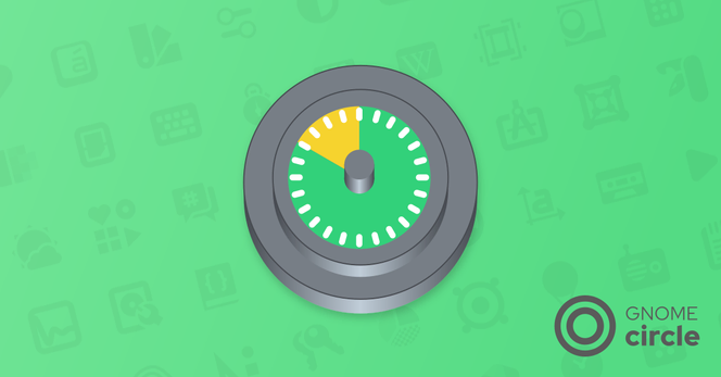 Sharepic with the Exercise Timer app icon on green background and the GNOME Circle logo in the bottom right. The app icon consists of a round metal weight from the side, with a timer in the center.