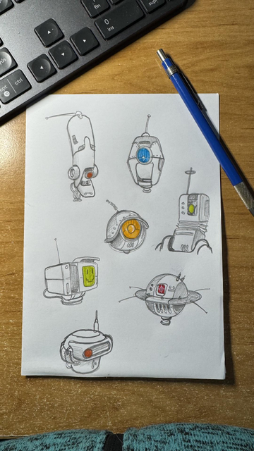 A piece of paper with se en robot heads doodles. They come in different shapes and have a curious cute expression despite being mostly an eye with a metal casing. A mechanical pencil is on top of the paper. 