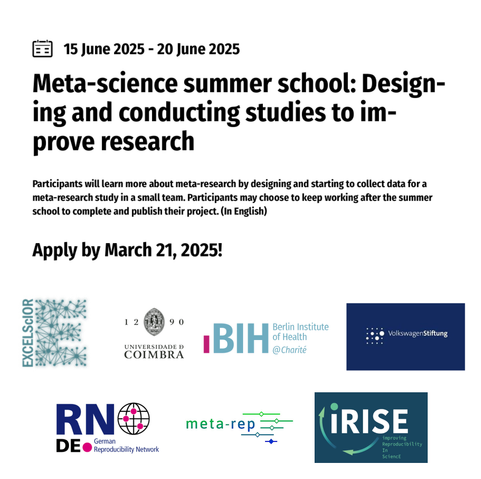 Invitation to the Meta-Science Summer School and logos of affiliated and organizing institutions: Berlin Institute of Health (BIH), the German Reproducibility Network (GRN), the META REP Priority Program, iRise and the University of Coimbra EXCELScIOR project ERA chair.