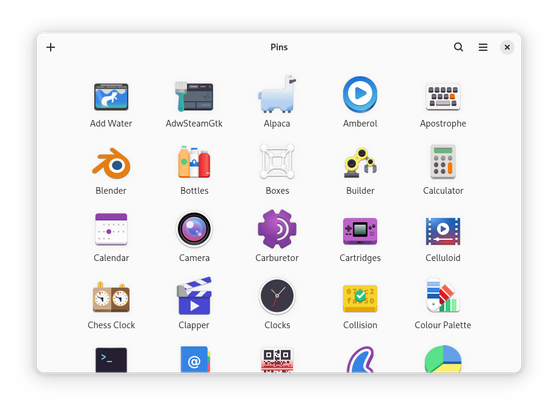 A screenshot of Pins, showing a grid of all installed apps and their icons in alphabetical order