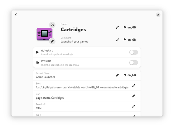 A screenshot of Pins, showing the page for the app Cartridges. It provides options to change the icon, name, and comment. It provides switches to set the program to autostart or be invisible 