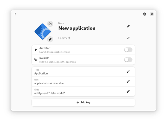 A screenshot of Pins, showing the page for the a new application. The icon is currently set to the default. It provides options to set the icon, name, and comment. It provides switches to set the program to autostart or be invisible 