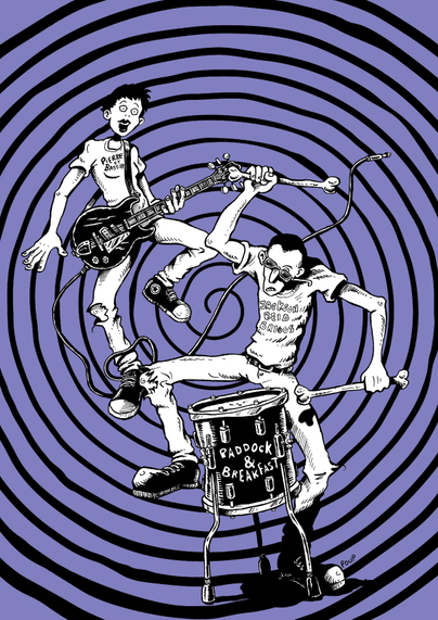 Un duo Punk Rock est en train de jouer. Fort ! La fille est à la guitare et saute en l'air, survoltée par l'énergie de leur musique sauvage. Le garçon est à la batterie et tape comme un forcené avec des os en guise de baguettes. Le groupe s'appelle Paddock and Breakfast  et est originaire de la région parisienne.

A punk rock duo is playing. Loud! The girl is on the guitar and jumping in the air, energized by the wild music. The boy is on the drums and banging like a maniac with bones for sticks. The band is called Paddock and Breakfast and is from the Paris region.