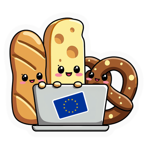 An illustration of a baguette, a cheese and a pretzel with an object with the flag of the European Union