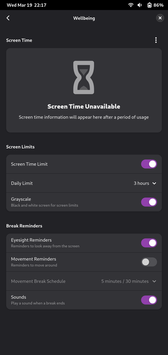 Digital Wellbeing settings in Gnome 48 mobile