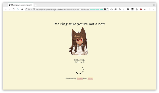 Screenshot of an "Anubis" anti-scraper proof-of-work waiting page blocking immediate access to the GNOME GitLab instance.
The waiting page features a catgirl saying, "Making sure you're not a bot!" and "Calculating…"