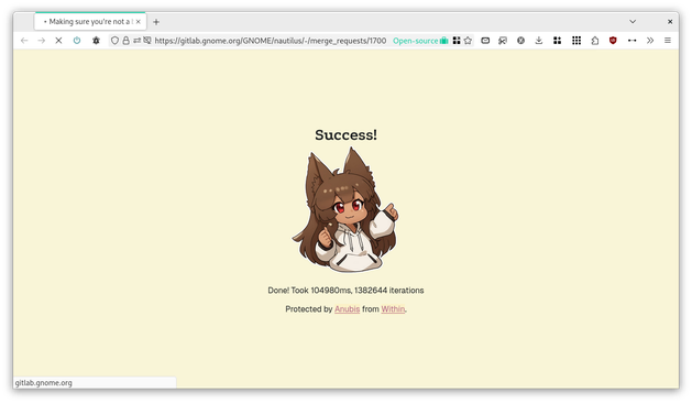 Screenshot of an "Anubis" anti-scraper proof-of-work completed page, where the catgirl raises both thumbs up and exclaims "Success!" and states that my verification took 104980 miliseconds, with 1382644 iterations.