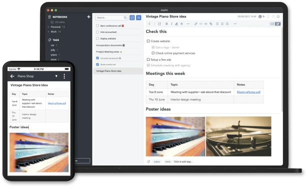 A digital screenshot of Joplin, a note-taking app, displayed on both a laptop and a smartphone. The laptop screen shows a note titled "Vintage Piano Store idea" with a checklist, a table for "Meetings this week," and an image section labeled "Poster ideas" containing pictures of a colorful piano and a vinyl record player. The left sidebar contains sections for notebooks ("Personal" and "Work") and tags. The smartphone screen displays the same note in a mobile-friendly layout, showing the meeting schedule table and images. The interface has a dark theme sidebar and a light theme editor with rich text formatting and task management features.