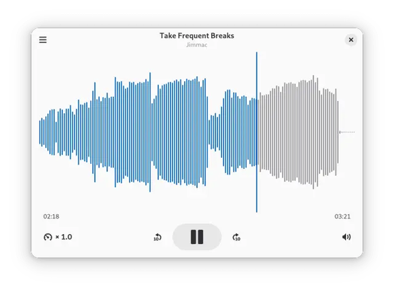 The Audio Player application (f.k.a. Decibels) playing a file, showing a nice waveform visualisation too!